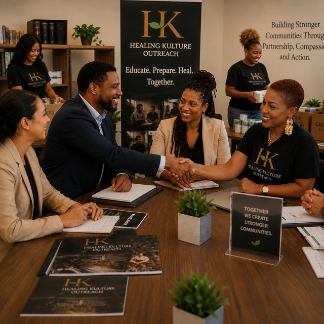 Healing Kulture Outreach educational resources, grief literacy workbooks, preparedness guides, care kits, office supplies, and community support materials for families, individuals, community organizations, and corporate partners.